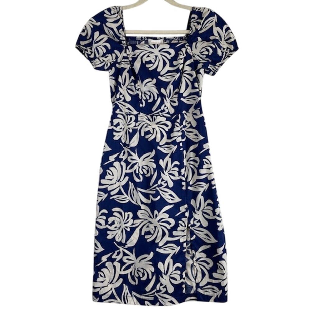 Monteau La Tropical floral  dress in blue and off white. NWT